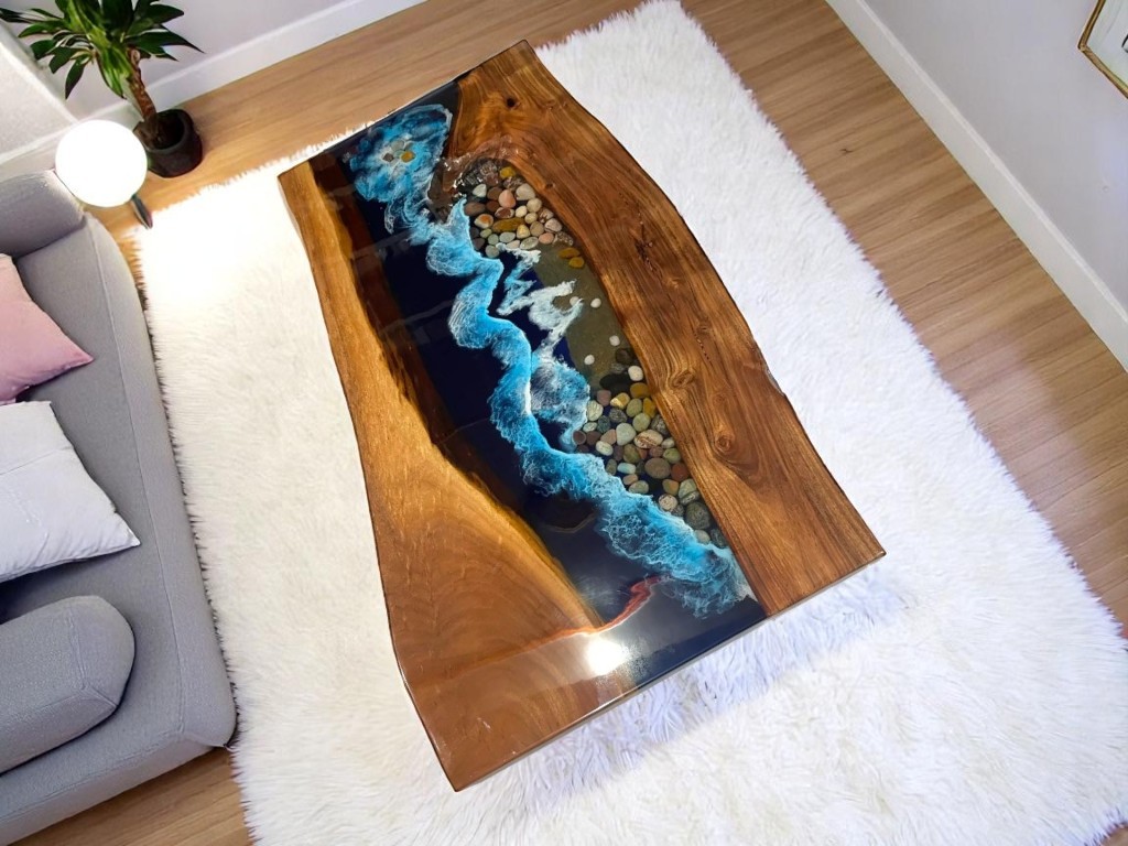Live Edge Coffee Table With Resin Ocean Waves